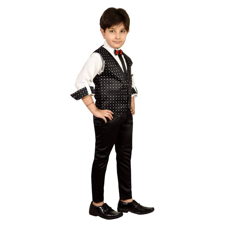 Cute Buds Black Self Pattern Cotton Blend Boy's Shirt Jean Set With Waist Coat