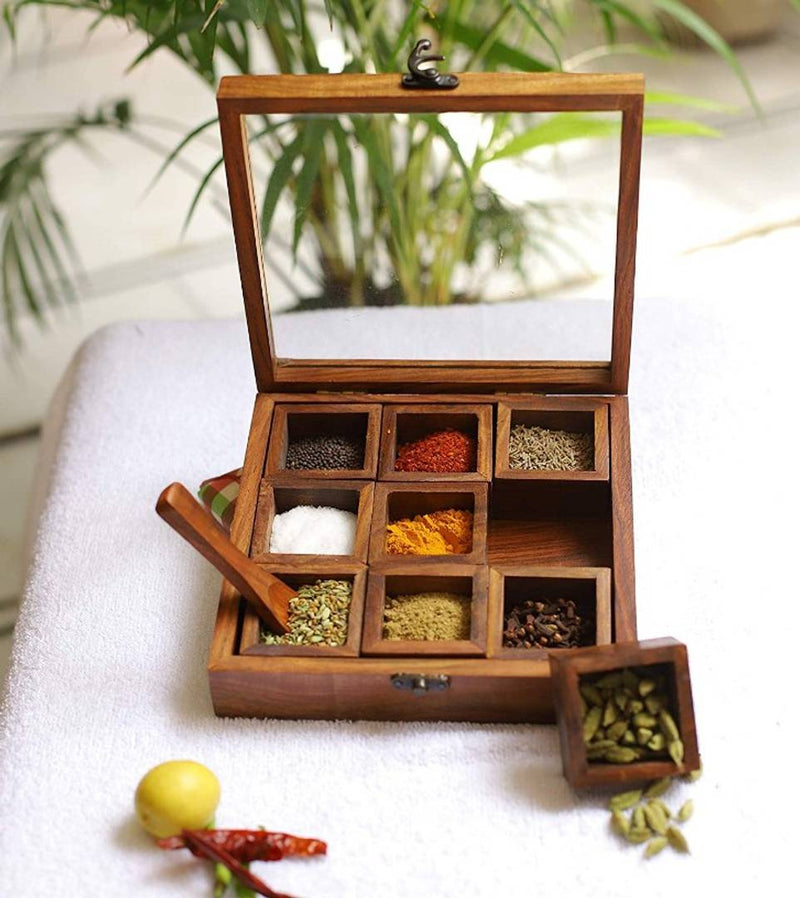 Sheesham Wood Spice Box Container - Spice Box with Glass top with 9 Storage Bowls- Export Quality