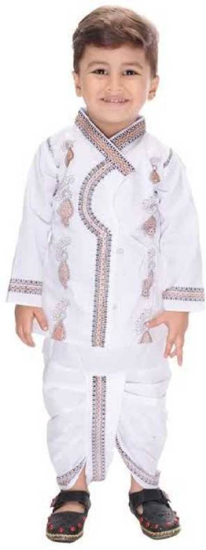 Fab Kid's White Embroidered Cotton Boy's Kurta Dhoti Set