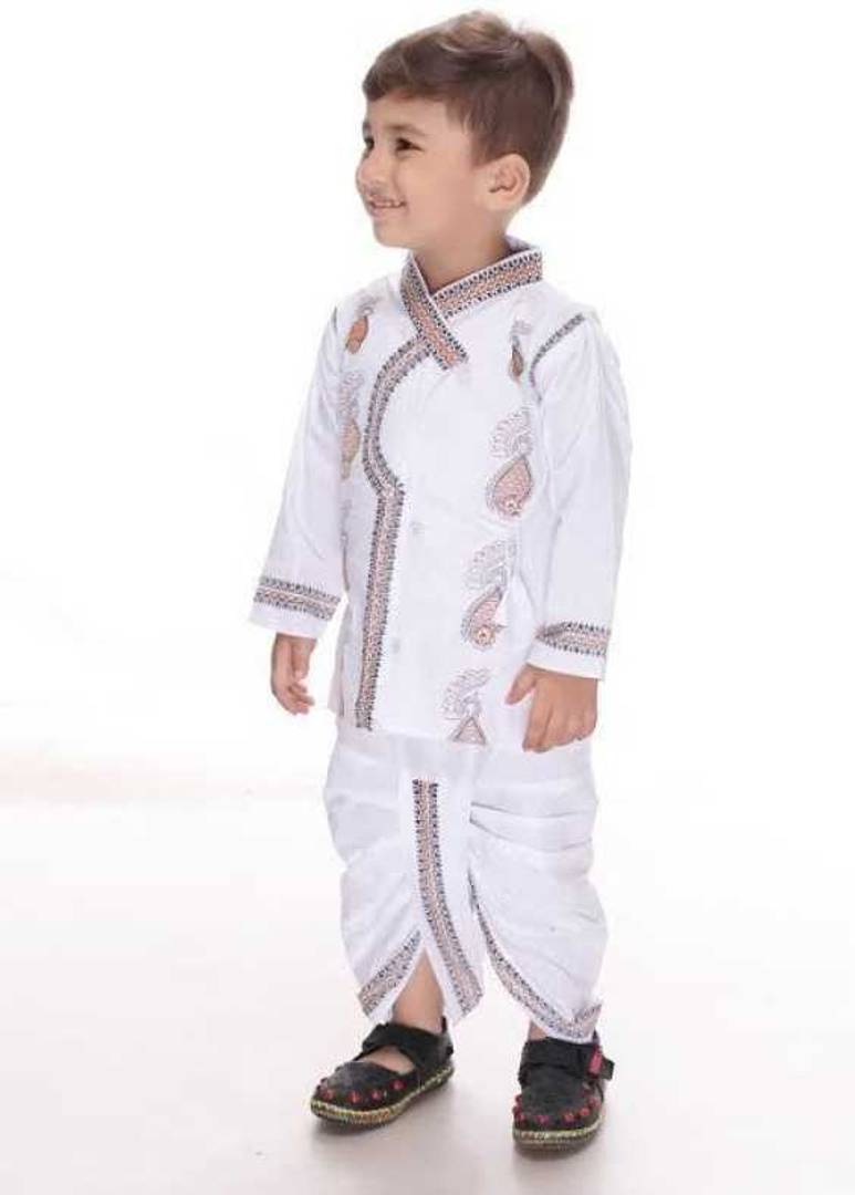 Fab Kid's White Embroidered Cotton Boy's Kurta Dhoti Set