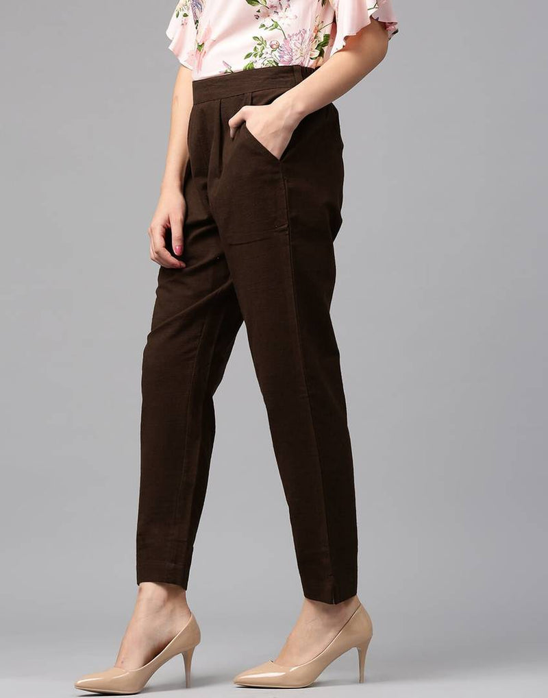 Women's Cotton Blend Mid-Rise Solid Trouser