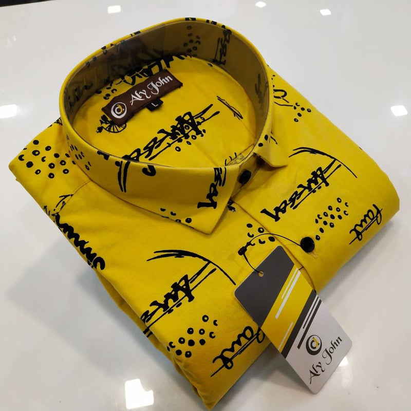 Men's Yellow Cotton Printed Long Sleeves Regular Fit Casual Shirt
