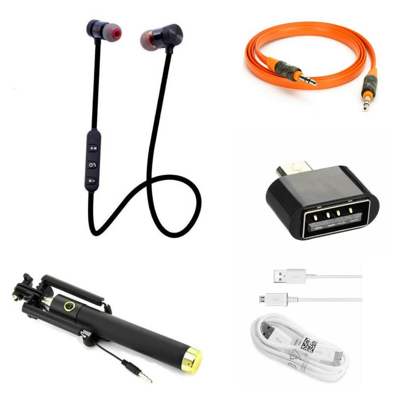 Combo Of Black Selfie Stick, Aux Cable, OTG, Sports Bluetooth Headset & Data Cable