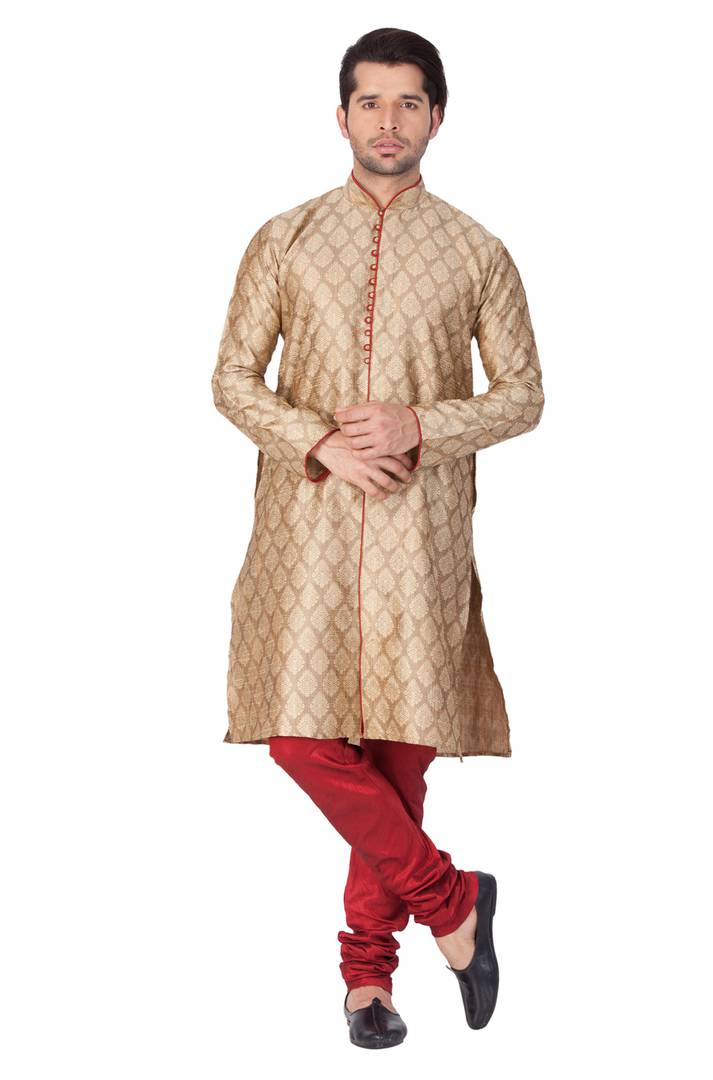 Men's Beige Cotton Silk Kurta and Pyjama Set