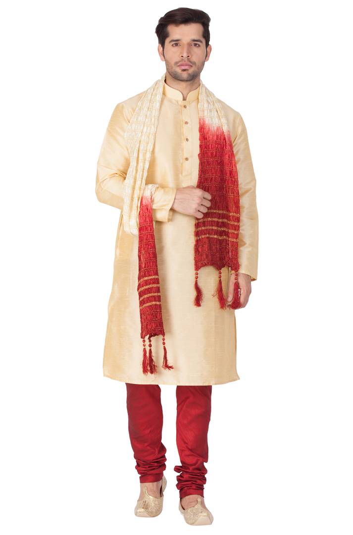 Men's Golden Cotton Silk Kurta, Pyjama and Dupatta Set