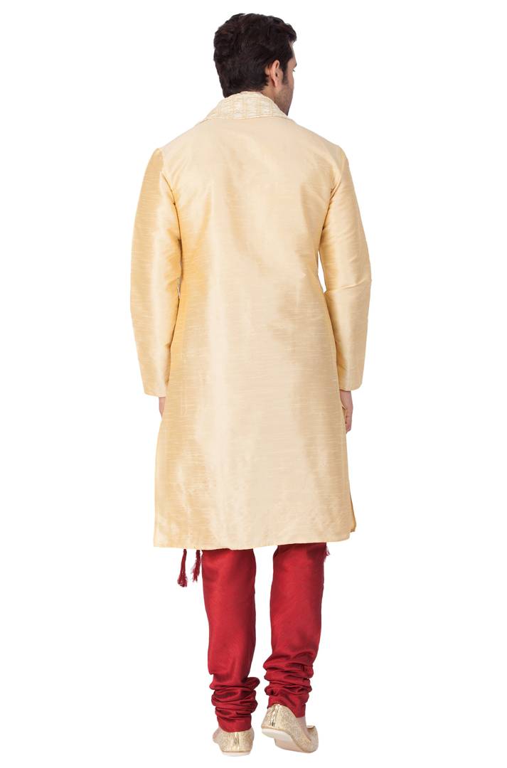 Men's Golden Cotton Silk Kurta, Pyjama and Dupatta Set