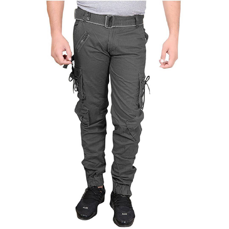 Men's Grey Cotton Blend Mid-Rise Solid Regular Fit Cargo