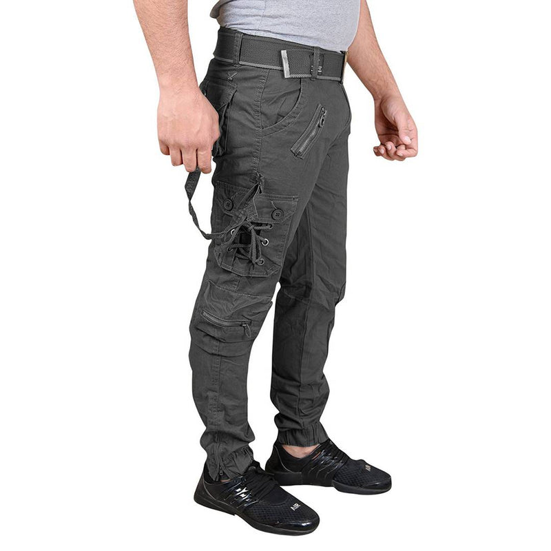 Men's Grey Cotton Blend Mid-Rise Solid Regular Fit Cargo