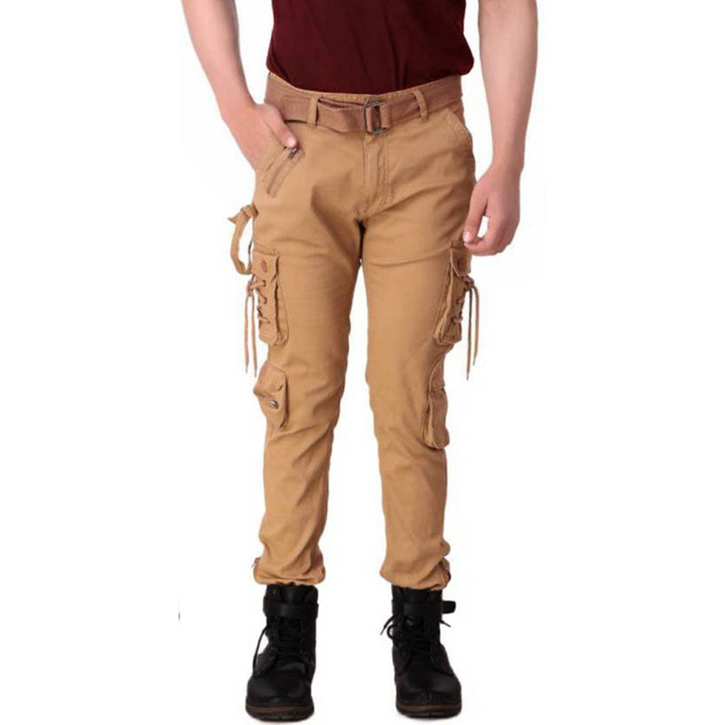 Men's Khaki Cotton Blend Mid-Rise Solid Regular Fit Cargo