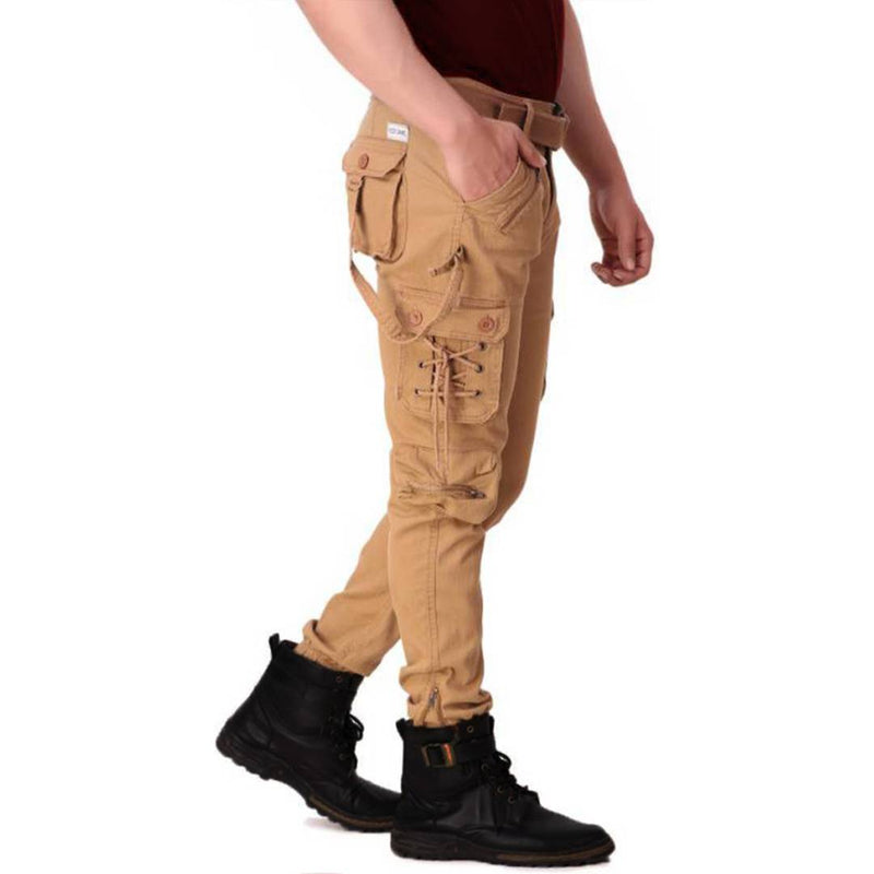 Men's Khaki Cotton Blend Mid-Rise Solid Regular Fit Cargo