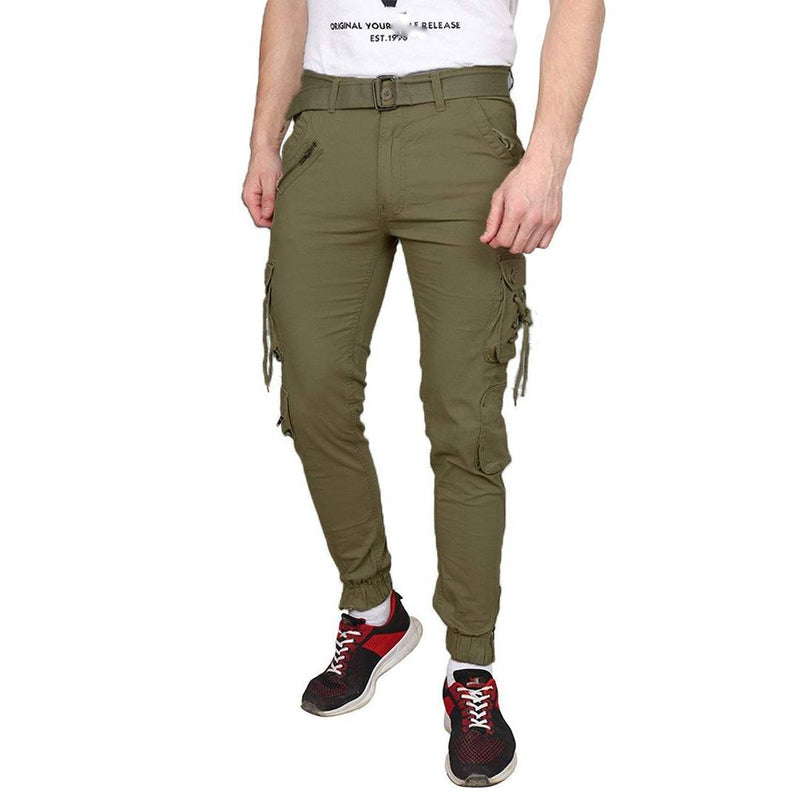 Men's Green Cotton Blend Mid-Rise Solid Regular Fit Cargo