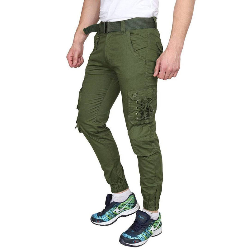 Men's Green Cotton Blend Mid-Rise Solid Regular Fit Cargo