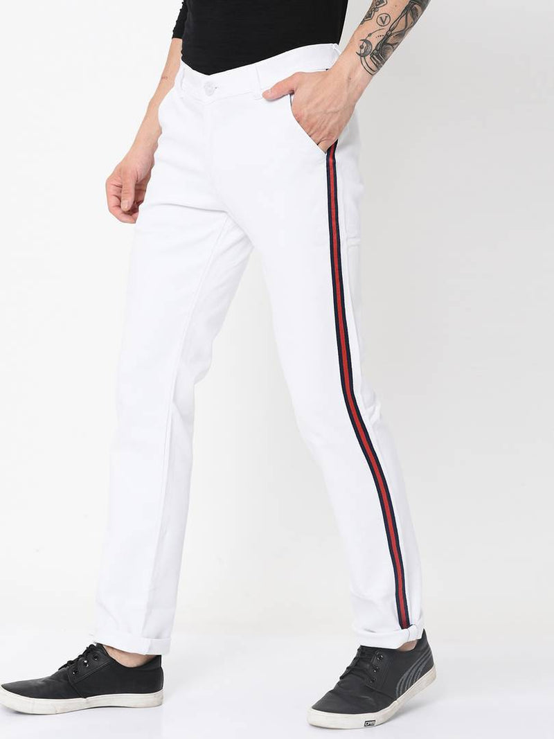 Men's White Cotton Blend Solid Slim Fit Casual Trouser