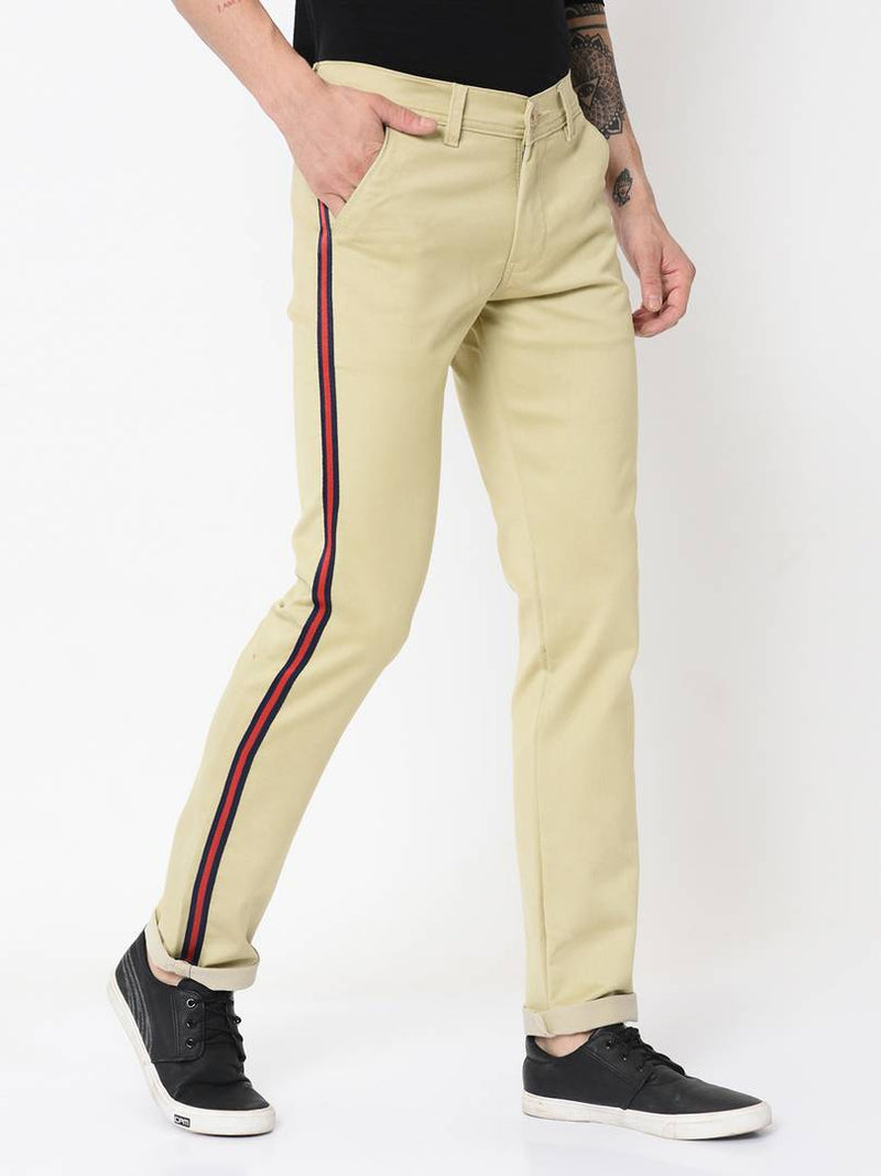 Men's Off White Cotton Blend Solid Slim Fit Casual Trouser