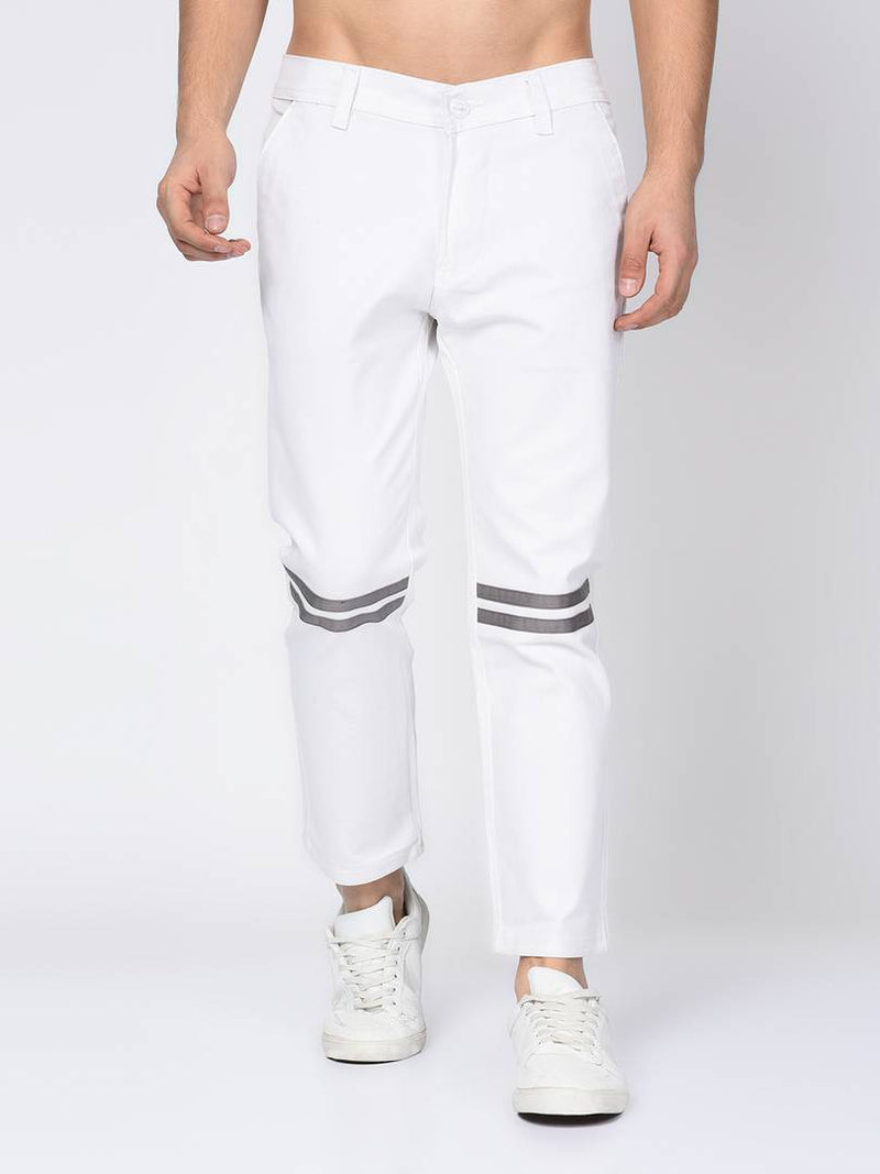 Men's White Cotton Blend Solid Slim Fit Casual Trouser