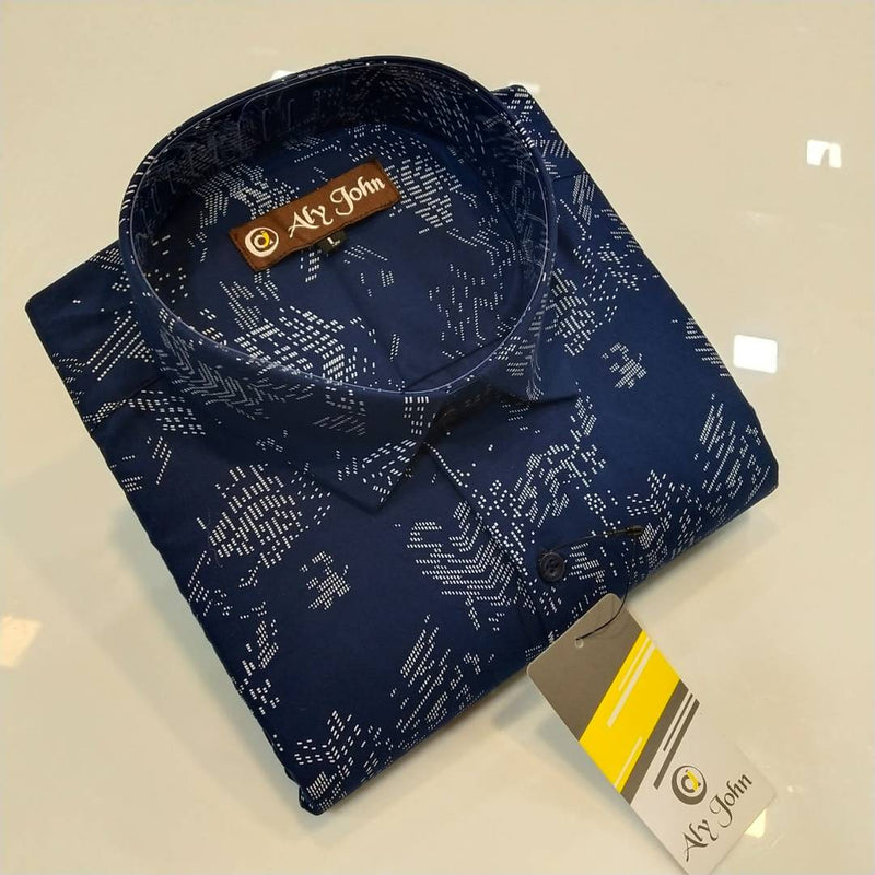 Men's Navy Blue Cotton Printed Long Sleeves Regular Fit Casual Shirt