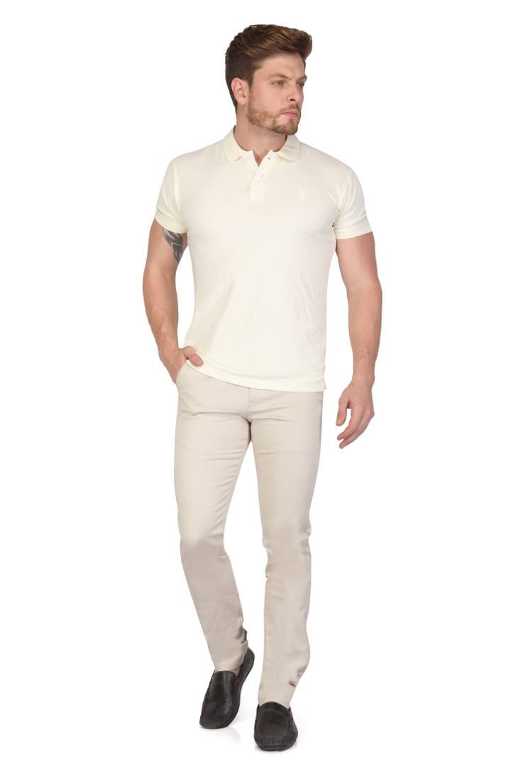 Men's Beige Cotton Solid Slim Fit Chinos