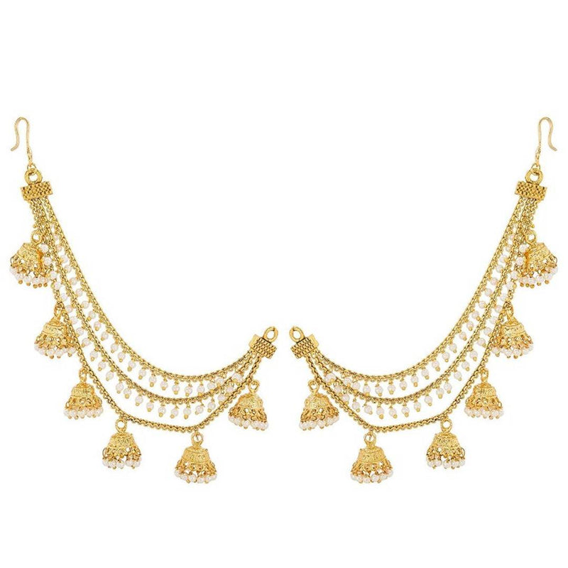 Gold Plated  Bahubali Inspired Three Layer Jhumkha Pearl Hair Chain For Women