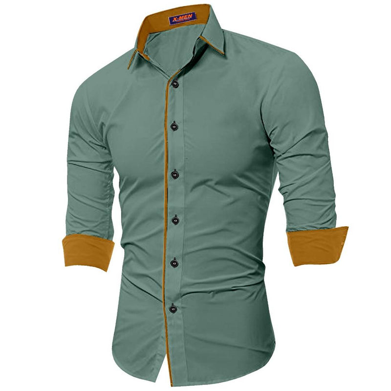 Men's Green Cotton Long Sleeves Solid Slim Fit Casual Shirt
