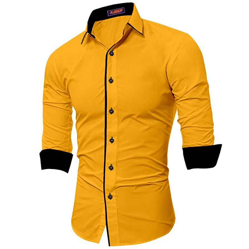 Men's Yellow Cotton Long Sleeves Solid Slim Fit Casual Shirt