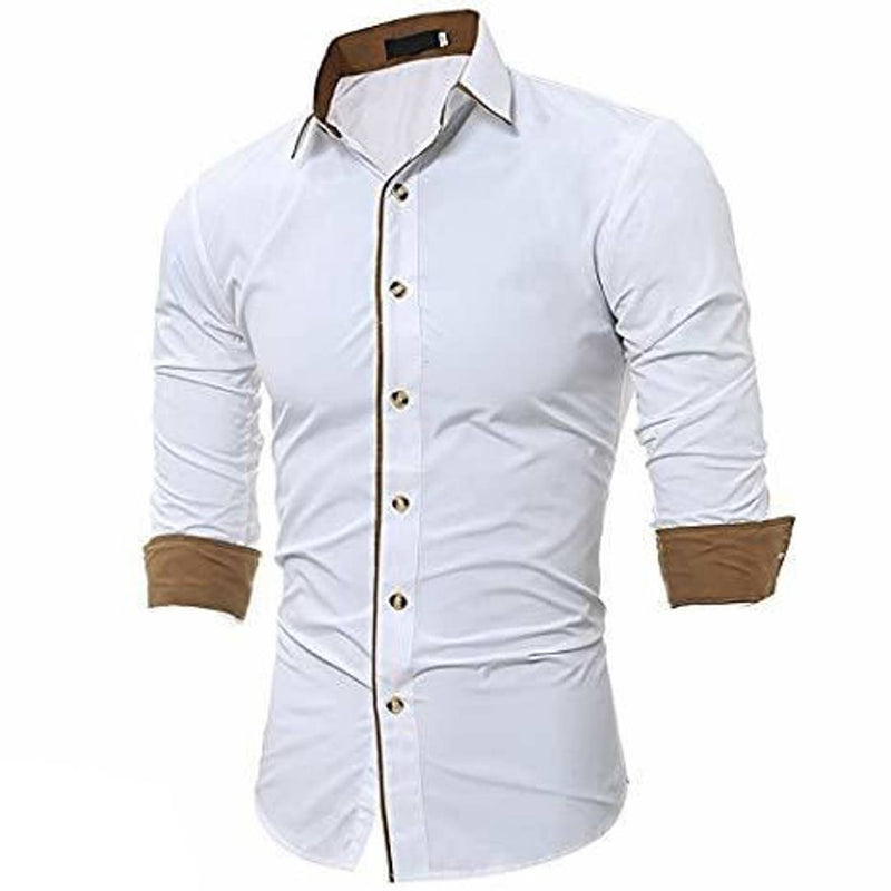 Men's White Cotton Long Sleeves Solid Slim Fit Casual Shirt