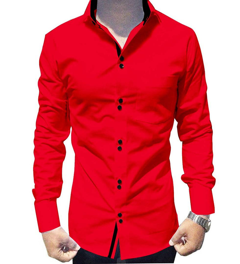 Men's Red Cotton Long Sleeves Solid Slim Fit Casual Shirt