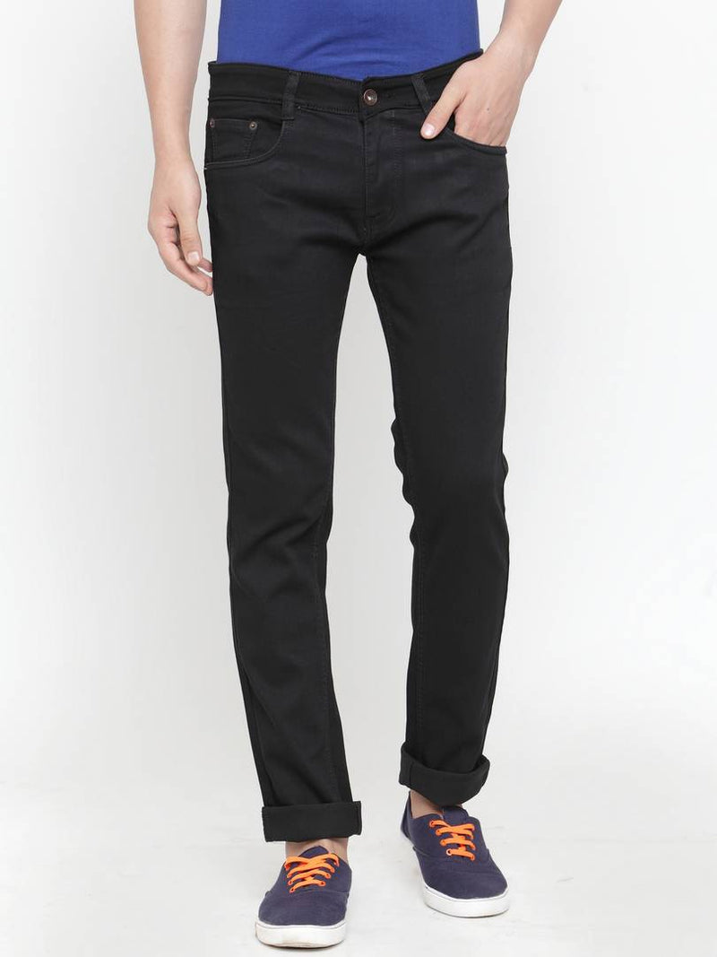 Men's Black Cotton Spandex Solid Regular Fit Mid-Rise Jeans