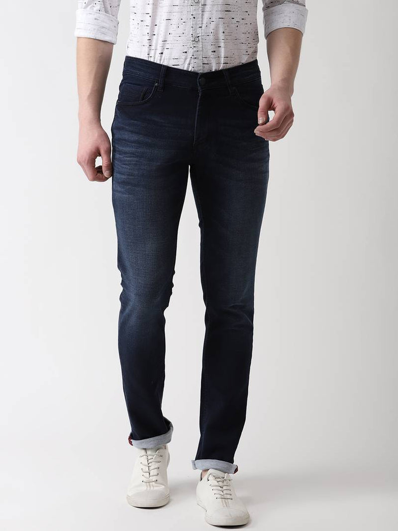 Men's Navy Blue Cotton Spandex Solid Regular Fit Mid-Rise Jeans