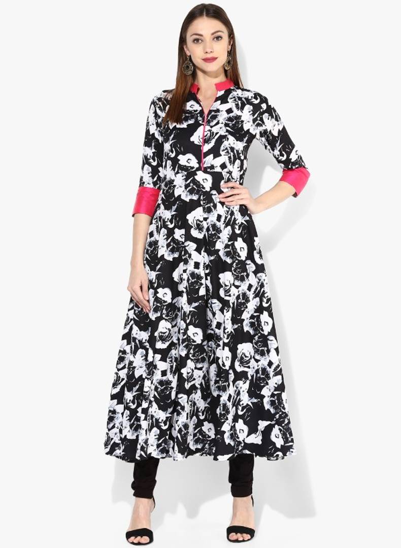 Elegant BlackPrinted American Crepe Anarkali Women's Kurti