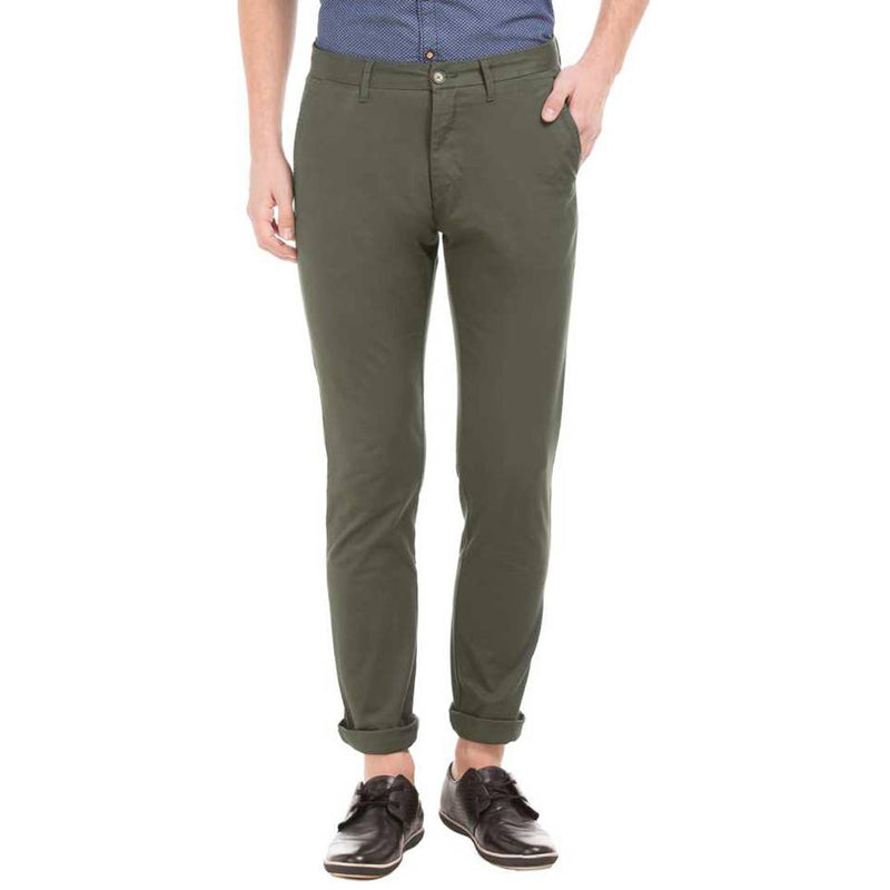 Men's Green Cotton Blend Mid-Rise Solid Slim Fit  Trendy Chinos