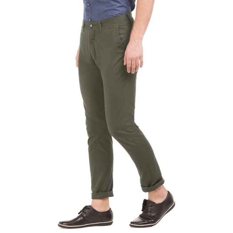 Men's Green Cotton Blend Mid-Rise Solid Slim Fit  Trendy Chinos