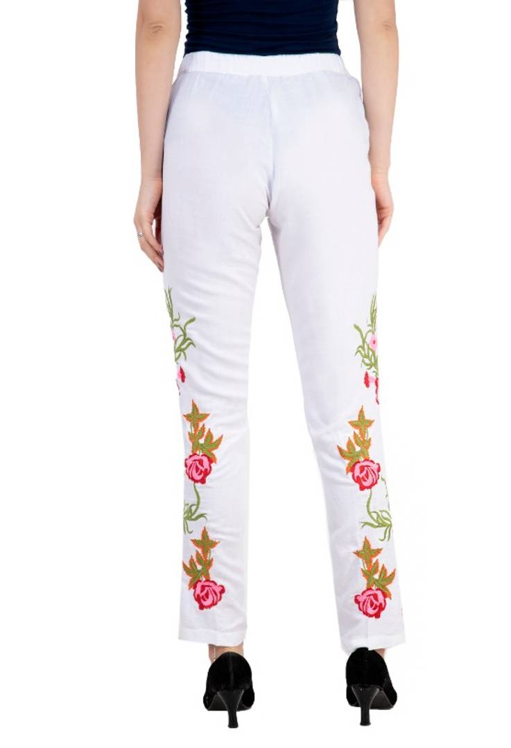 White Embroidered Cotton Trouser For Womens