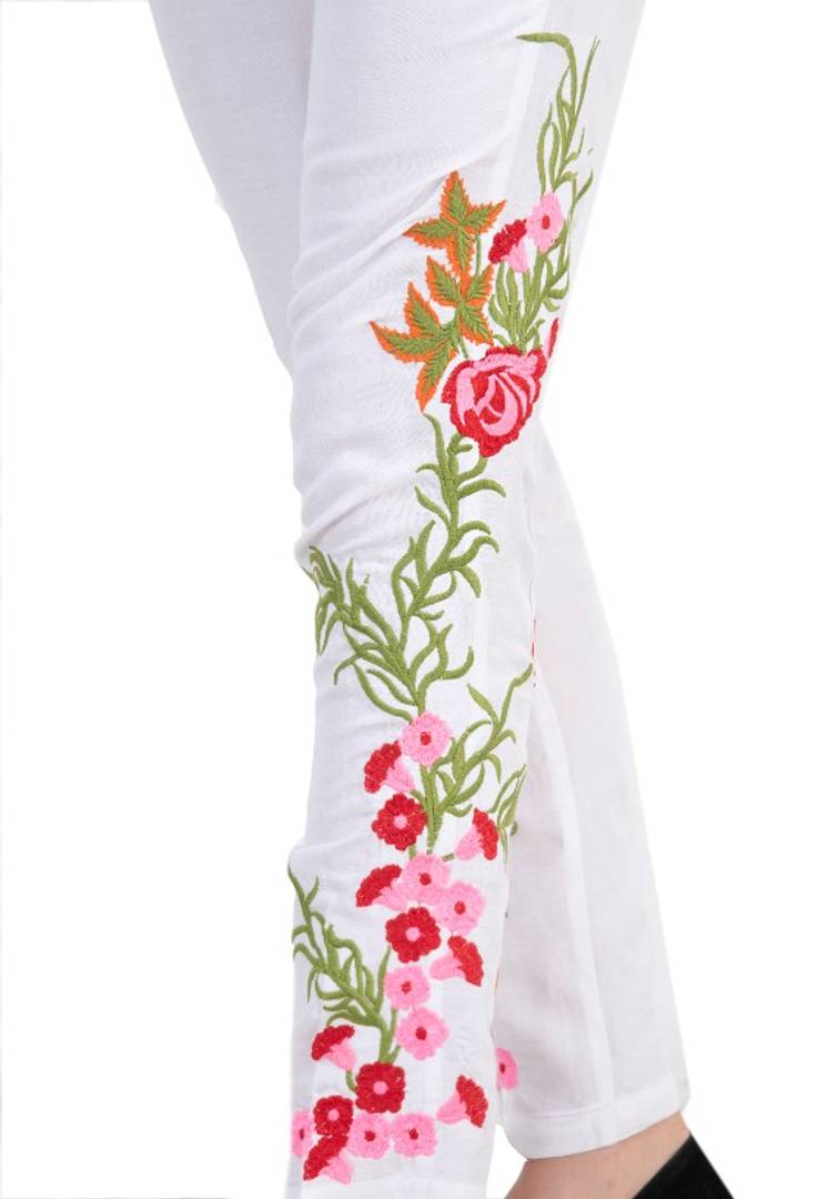 White Embroidered Cotton Trouser For Womens