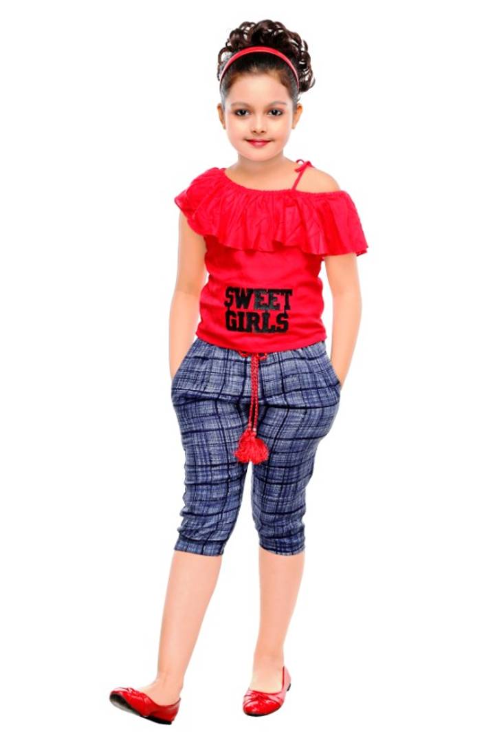 Girls Party(Festive) Top Pant  (Red)