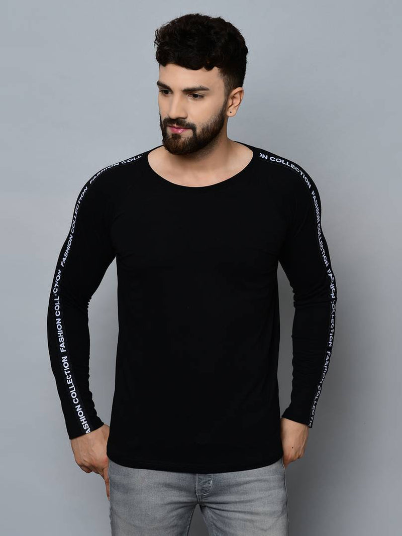 Men's Black Cotton Self Pattern Round Neck Tees