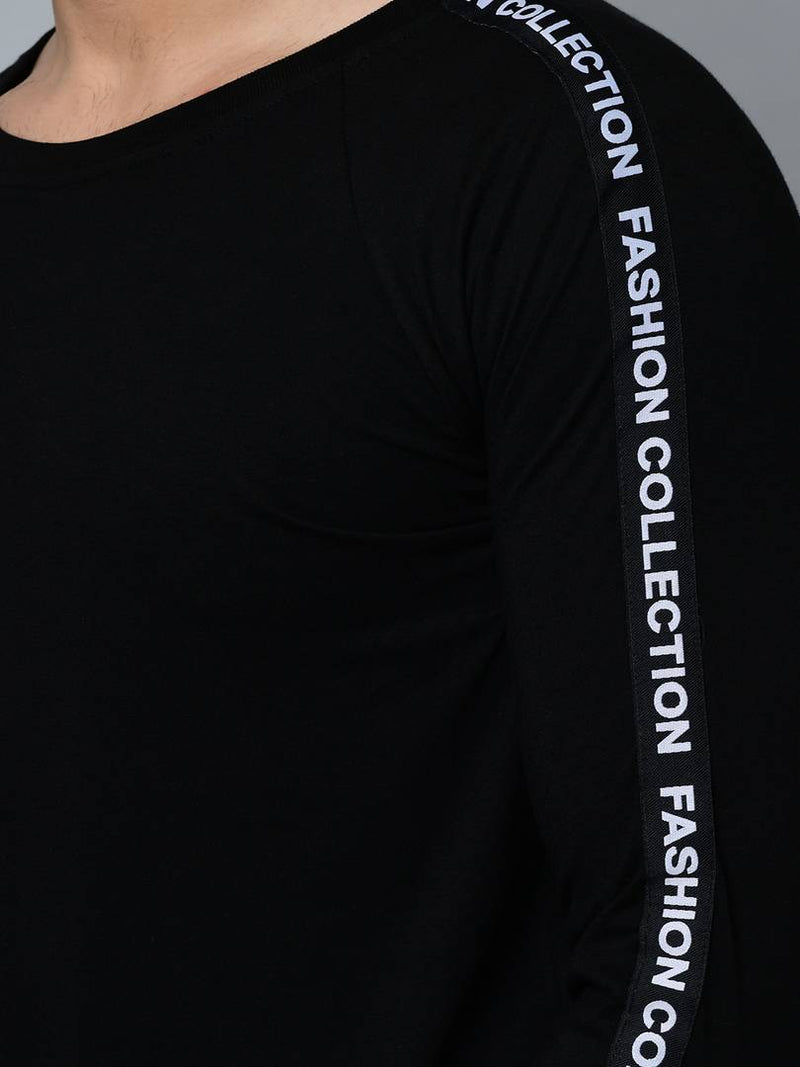 Men's Black Cotton Self Pattern Round Neck Tees