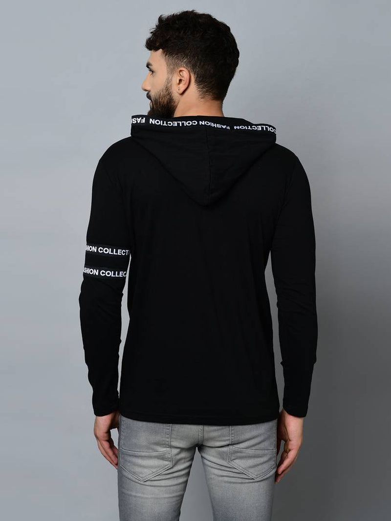 Men's Black Cotton Self Pattern Hooded Tees