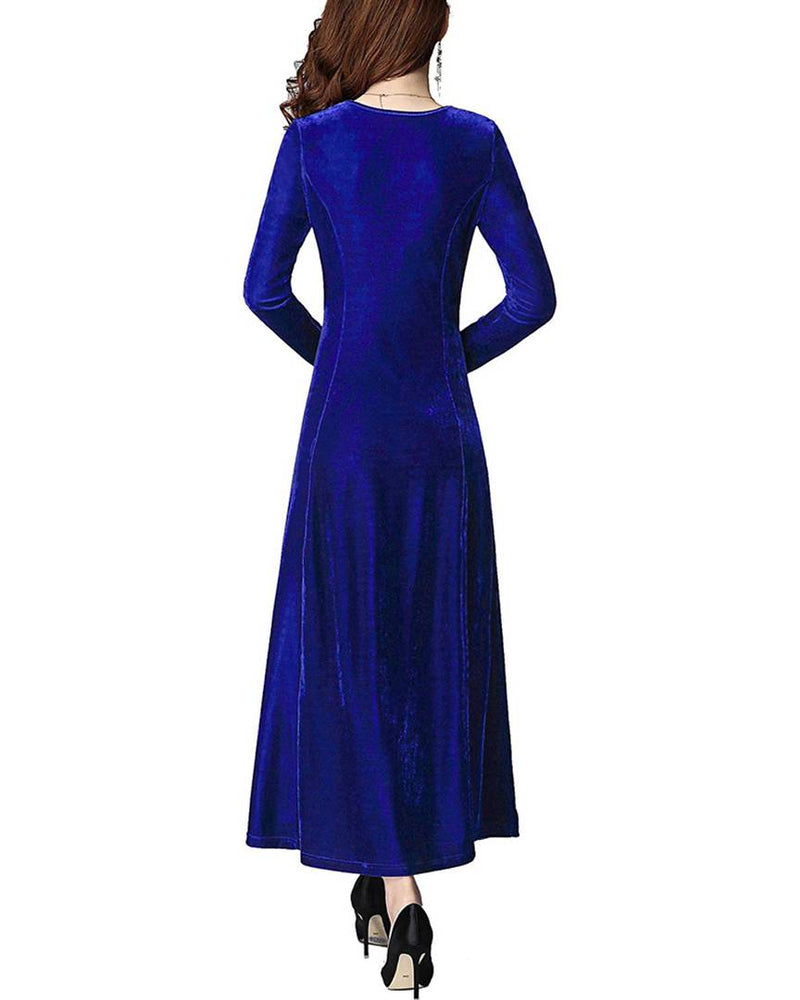 Women's Royal Blue Plain Velvet Maxi Dress