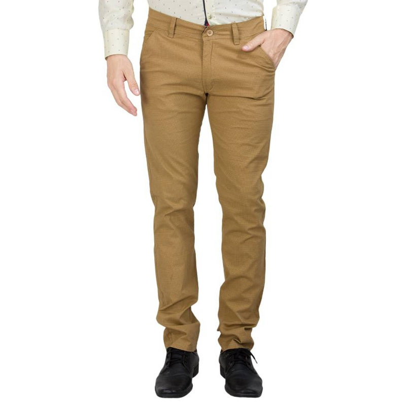 Men's Brown Cotton Blend Solid Casual Trouser