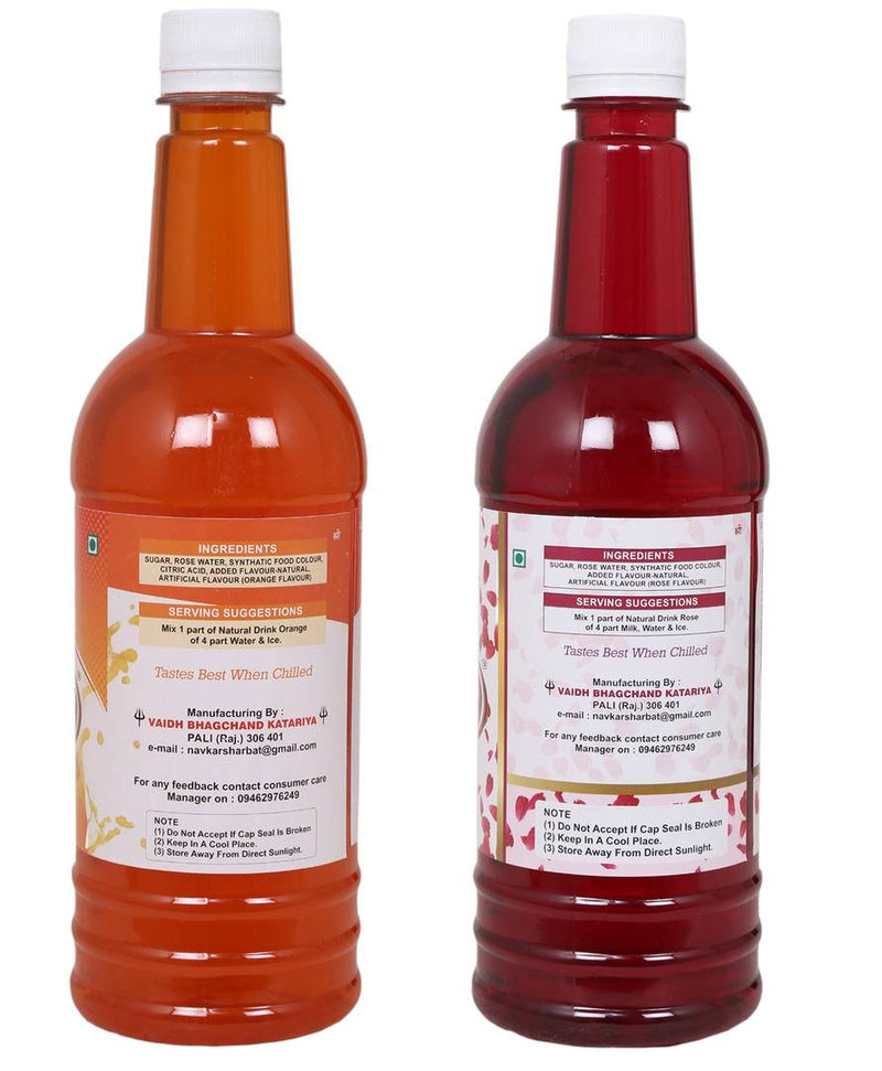 Navkar Orange|Khatta Meetha & Rose|Gulab Syrup Sharbat Pack Of 2 (750 ml Each)