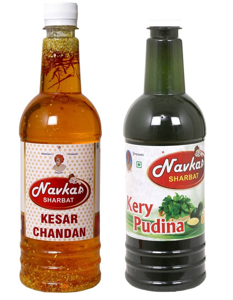 Navkar Kesar Chandan|Saffron Sandalwood & Keri Pudina|Kachi Keri Mint Leaf Syrup Sharbat Pack Of 2 (750 ml Each)