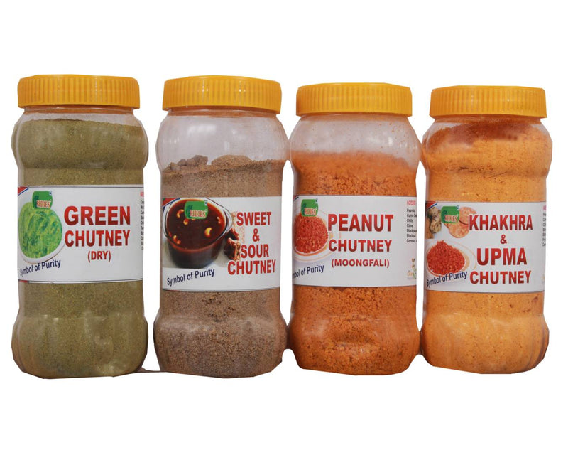 Ridies Combo of Instant Green Chutney -Dry (Dhaniya) ,250g + Sweet & Sour Chutney-Dry (Khaati Meethi) ,250g + Peanuts Chutney-Dry (MoongFali),250g + Khakhra & Upma Chutney-Dry ,250g