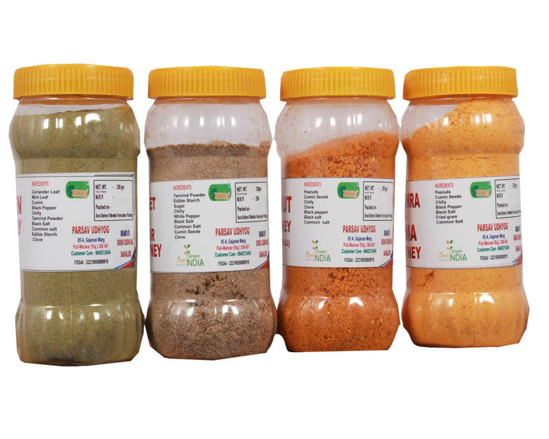 Ridies Combo of Instant Green Chutney -Dry (Dhaniya) ,250g + Sweet & Sour Chutney-Dry (Khaati Meethi) ,250g + Peanuts Chutney-Dry (MoongFali),250g + Khakhra & Upma Chutney-Dry ,250g