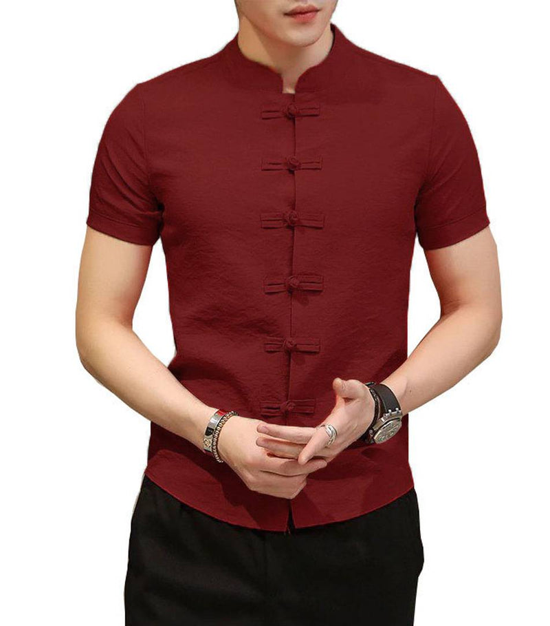 Men's Maroon Cotton Solid Short Sleeves Slim Fit Casual Shirt