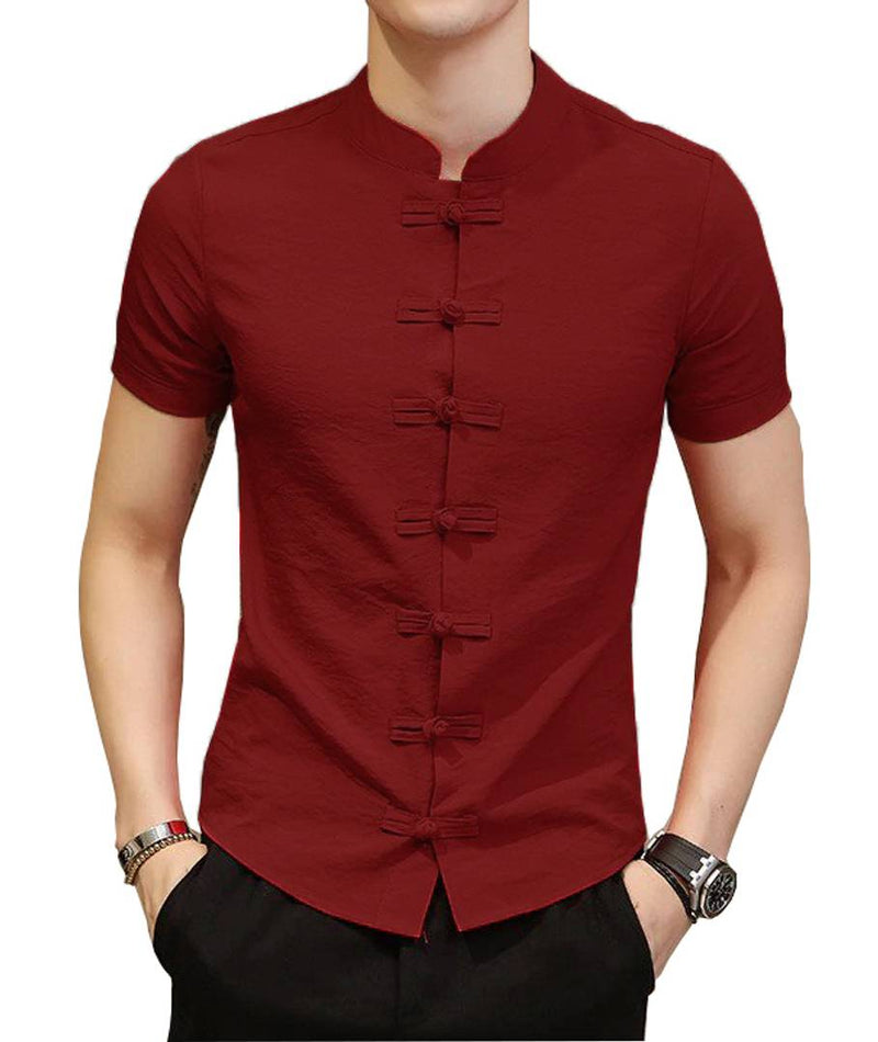Men's Maroon Cotton Solid Short Sleeves Slim Fit Casual Shirt