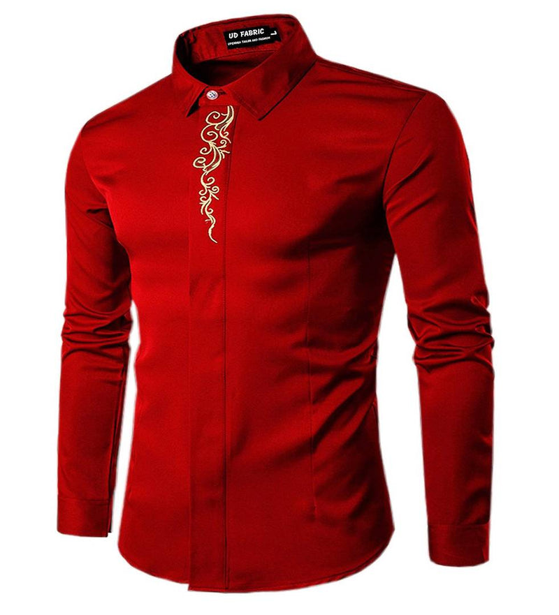 Men's Maroon Cotton Blend Self Pattern Long Sleeves Slim Fit Casual Shirt