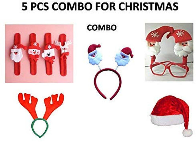 Shoppyana  5 Pcs Christmas Combo 1 pc Santa Cap,1 pc Santa Wrist Band,1 pc Santa Glasses,1 pc Santa Hairband and 1 pc Reindeer Hairband