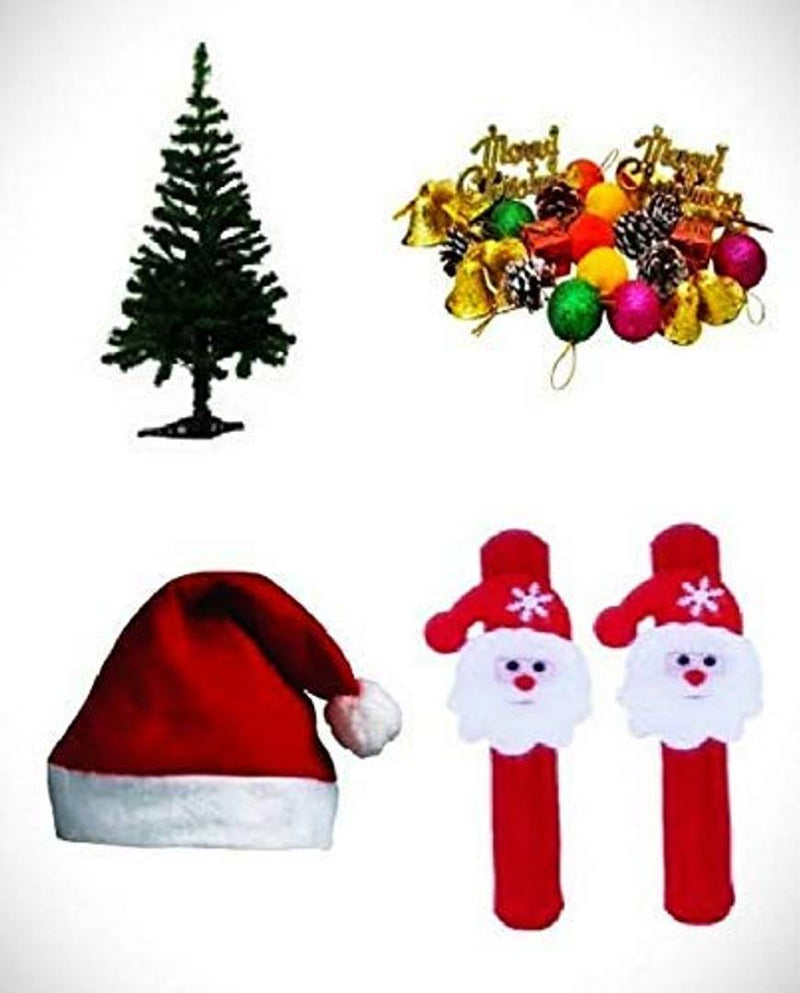 Shoppyana Combo of 1 Feet Artificial Christmas Tree (Table Top) with 10 Pcs Decoration Items, 2 Pcs Santa Hand Band, 1 Christmas Cap