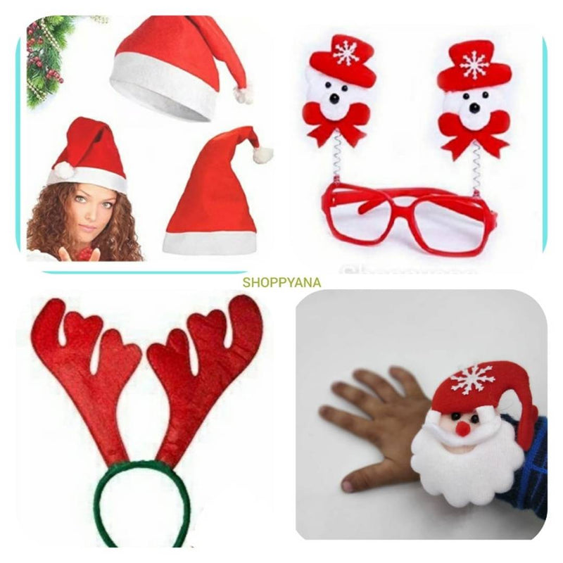 Shoppyana christmas Combo of 1 dear hairband, 1 Santa Cap, 1 Santa Wrist Band, 1 bow goggle