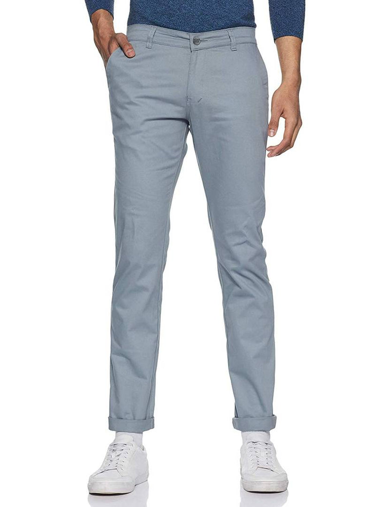 Men's Blue Cotton Blend Solid Mid-Rise Slim Fit Regular Casual Trouser